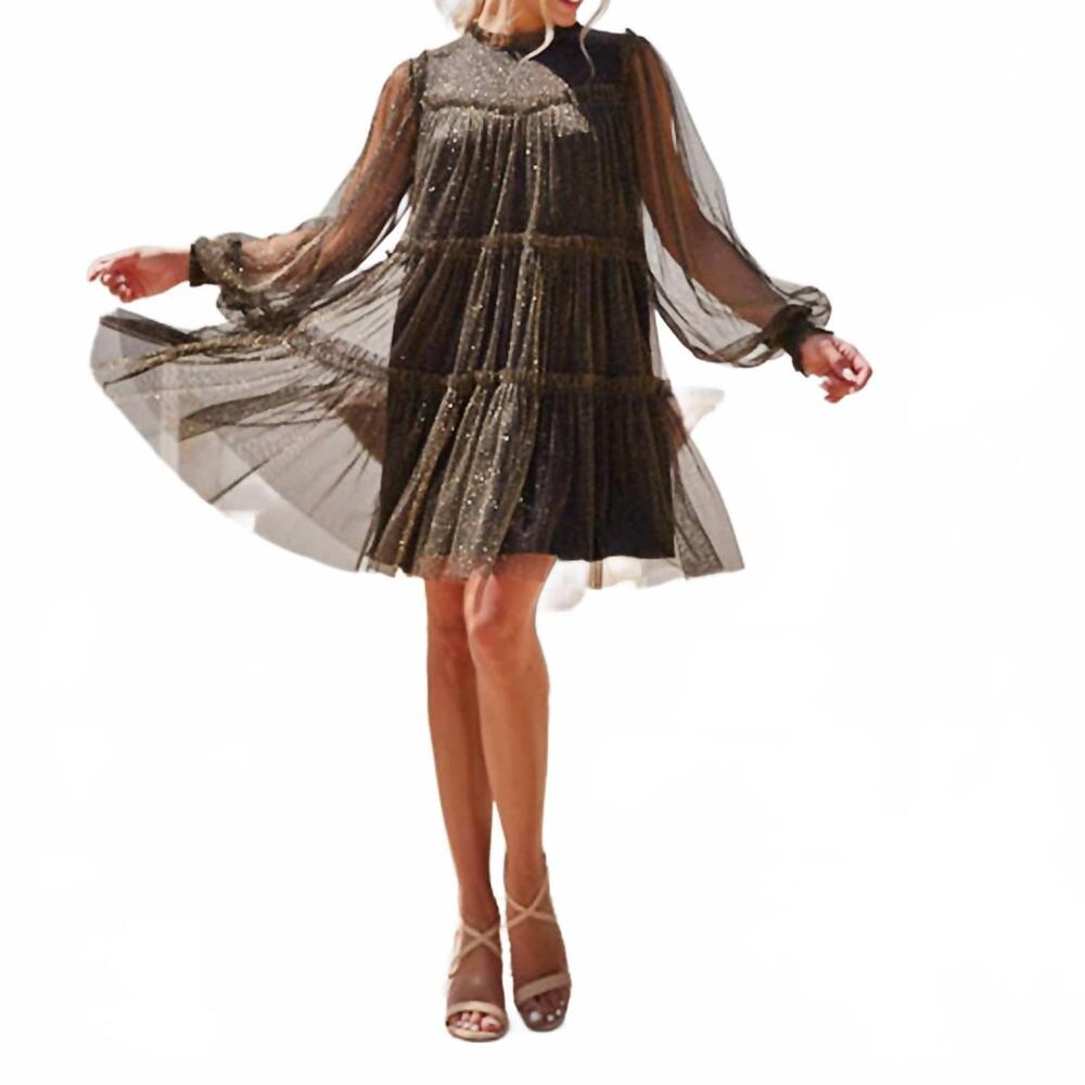 NEW JODIFL long sleeve mesh mini dress in black sparkle